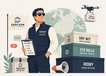 A field agent in Sarcasm Without Borders gear standing beside crates labeled Dry Wit and Eye Rolls, with a drone delivering a bundle overhead.